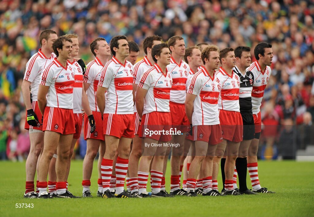 17 July 2011; The Derry team standing for the national anthem. Ulster GAA Football Senior Championship Final, Derry v Donegal, St Tiernach's Park, Clones, Co. Monaghan. Picture credit: Oliver McVeigh / SPORTSFILE