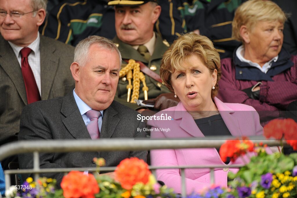 17 July 2011; The President of Ireland Mary McAleese, accompanied by, the Uachtarán CLG Criostóir Ó Cuana. Ulster GAA Football Senior Championship Final, Derry v Donegal, St Tiernach's Park, Clones, Co. Monaghan. Picture credit: Oliver McVeigh / SPORTSFILE