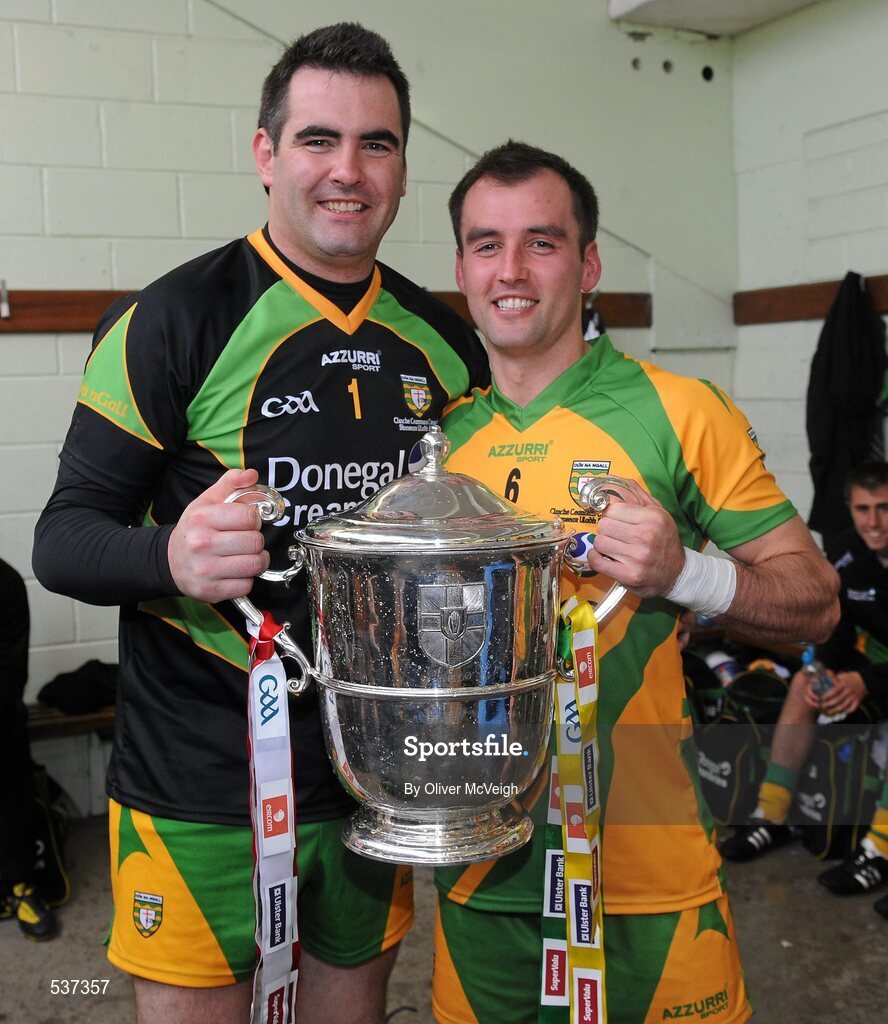 17 July 2011; Paul Durcan and Karl Lacey, Donegal players from the Four Masters club, along with the Anglo Celt cup. Ulster GAA Football Senior Championship Final, Derry v Donegal, St Tiernach's Park, Clones, Co. Monaghan. Picture credit: Oliver McVeigh / SPORTSFILE