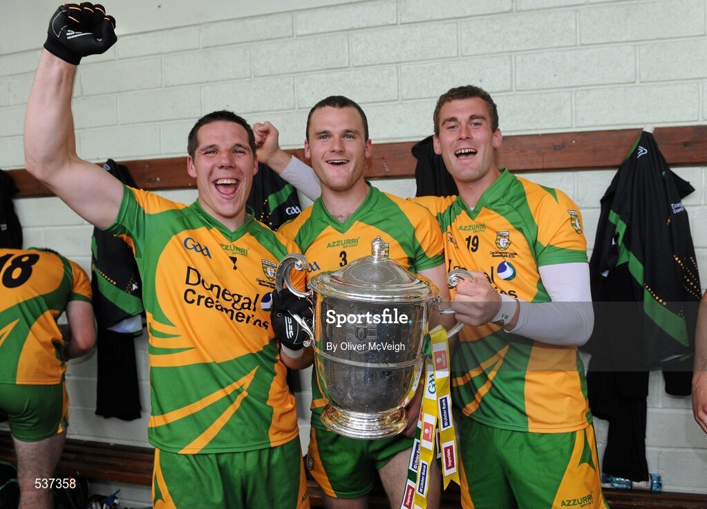 17 July 2011; Kevin Cassidy, Neil McGee and Eamonn McGee, Donegal players from the Gaoth Dobhair club, along with the Anglo Celt cup. Ulster GAA Football Senior Championship Final, Derry v Donegal, St Tiernach's Park, Clones, Co. Monaghan. Picture credit: Oliver McVeigh / SPORTSFILE
