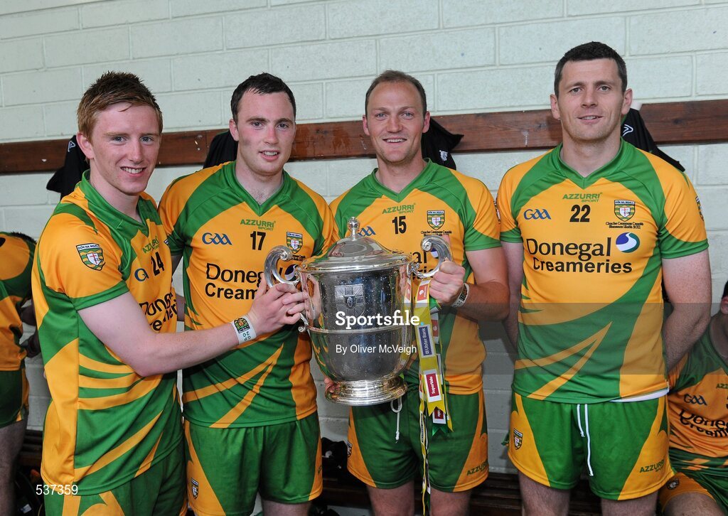 17 July 2011; Daniel McLaughlin, Martin McElhiney, Colm McFadden and Christy Toye, Donegal players from the St Michaels GAA club, Dunfanaghy, along with the Anglo Celt cup. Ulster GAA Football Senior Championship Final, Derry v Donegal, St Tiernach's Park, Clones, Co. Monaghan. Picture credit: Oliver McVeigh / SPORTSFILE