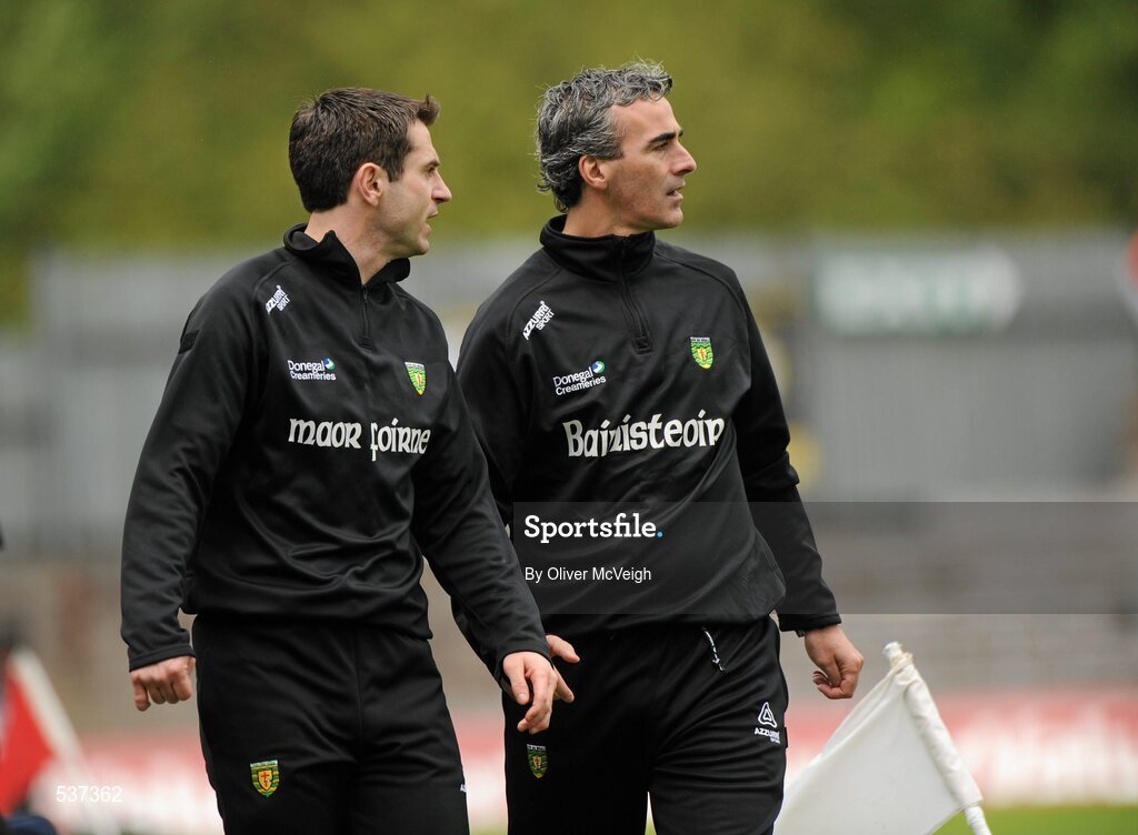 17 July 2011; Donegal manager Jim McGuinness, right, along with his assistant Rory Gallagher. Ulster GAA Football Senior Championship Final, Derry v Donegal, St Tiernach's Park, Clones, Co. Monaghan. Picture credit: Oliver McVeigh / SPORTSFILE