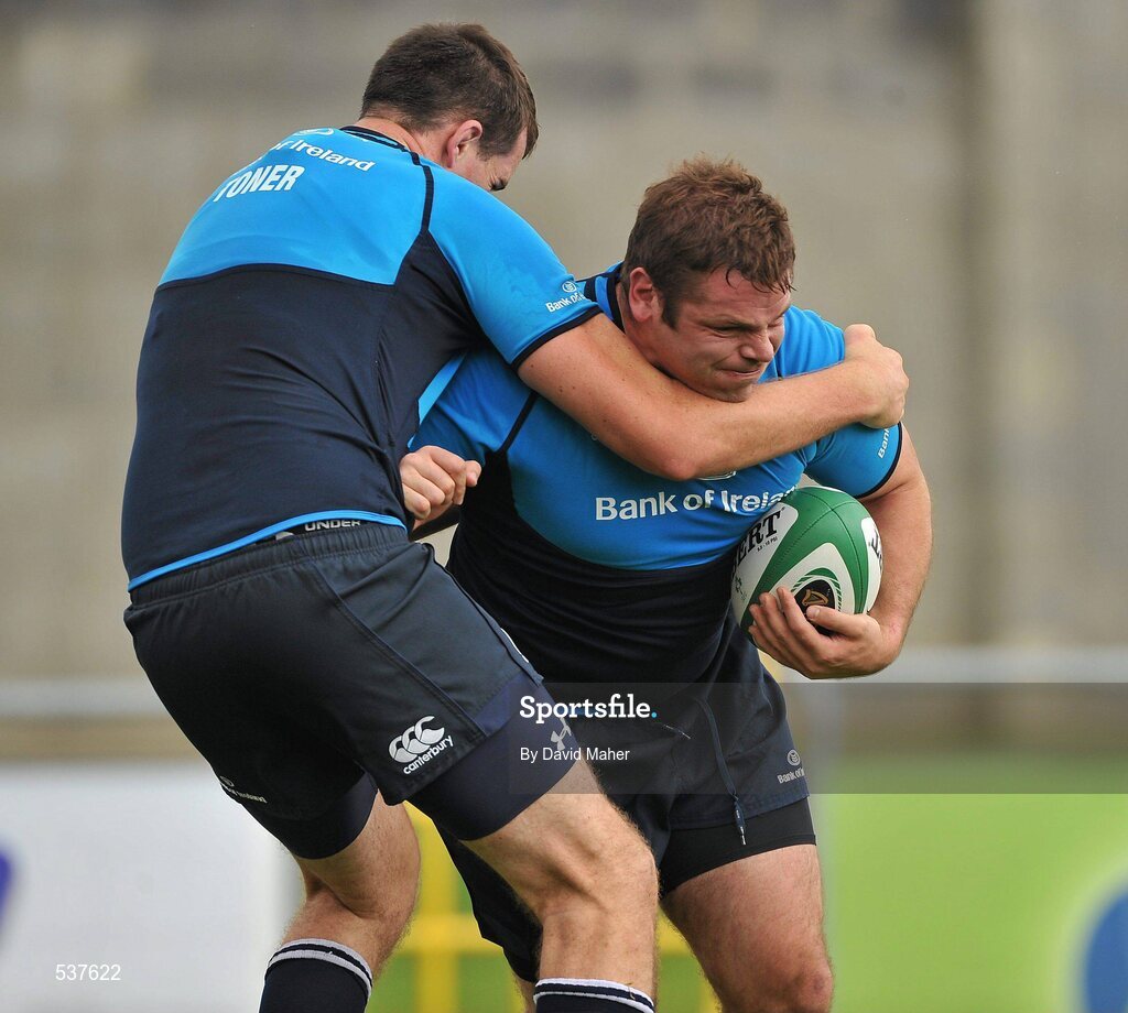 22 July 2011; Leinster's Mike Ross, right, in action against his team-mate Devin Toner during an open training session ahead of the 2011/12 season. Tallaght Stadium, Tallaght, Dublin. Picture credit: David Maher / SPORTSFILE
