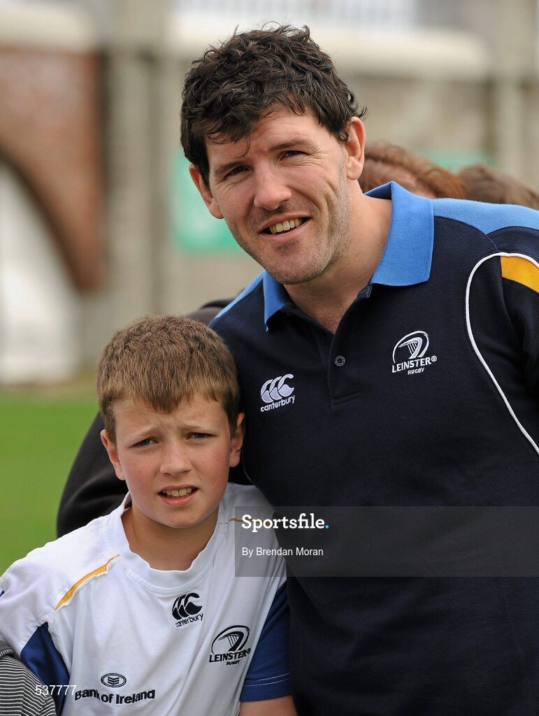 22 July 2011; Leinster's Shane Horgan poses for a picture with young supporter Sean Sheridan, age 11, from Newbridge, Co. Kildare, during an open training session ahead of the 2011/12 season. Tallaght Stadium, Tallaght, Dublin. Picture credit: Brendan Moran / SPORTSFILE