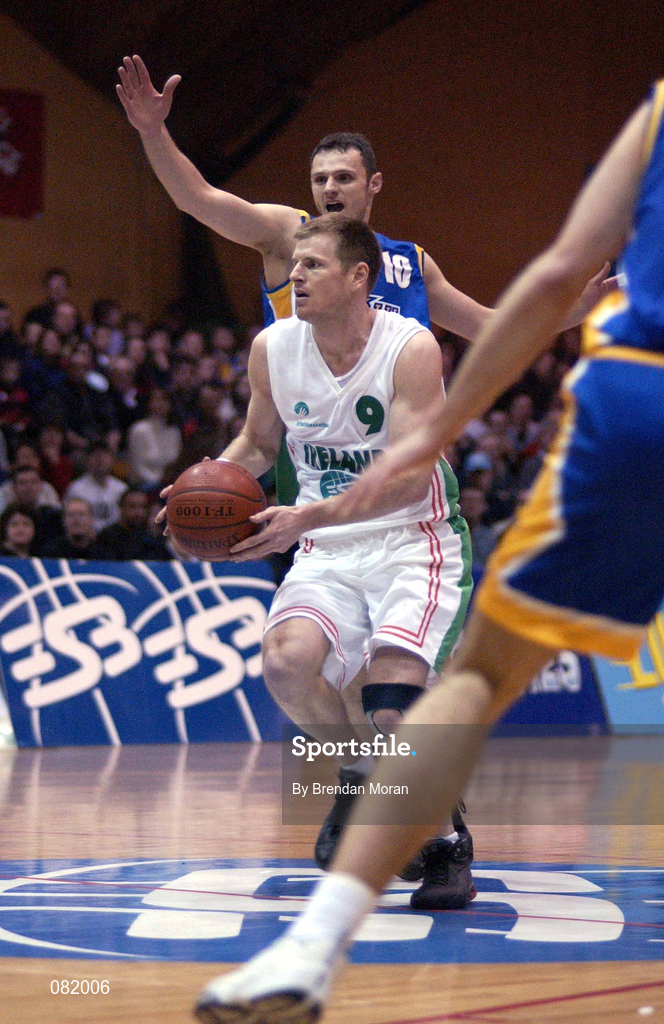 26 January 2002; Jay Larranaga of Ireland in action against Domagoj Pinjuh of Bosnia during the European Championships Semi-Final Round match between Ireland and Bosnia at the EBS Arena in Dublin. Photo by Brendan Moran/Sportsfile