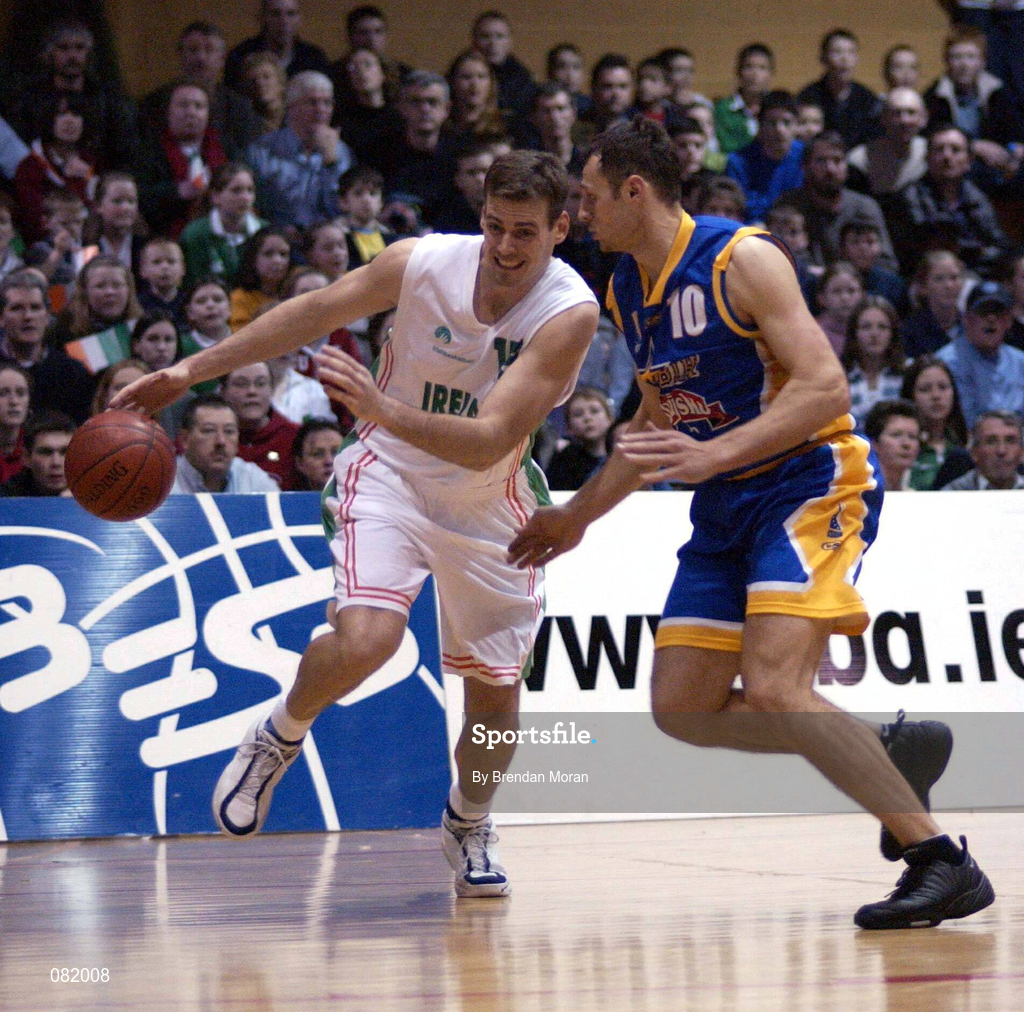 26 January 2002; Glenn Sekunda of Ireland in action against Domagoj Pinjuh of Bosnia during the European Championships Semi-Final Round match between Ireland and Bosnia at the EBS Arena in Dublin. Photo by Brendan Moran/Sportsfile