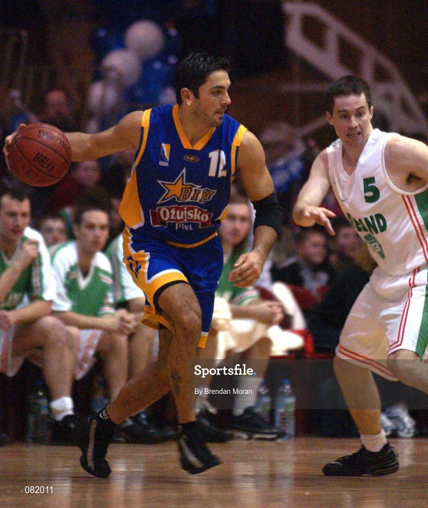 26 January 2002; Damir Mrsic of Bosnia in action against Billy Donlon of Ireland during the European Championships Semi-Final Round match between Ireland and Bosnia at the EBS Arena in Dublin. Photo by Brendan Moran/Sportsfile