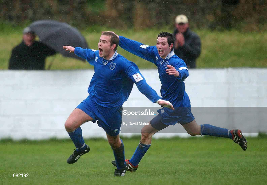 27 February 2002; Limerick's Brian Donnellan, left, celebrates with team-mate Brendan Hughes after scoring his side's winning goal during the eircom League Cup Semi-Final match between Limerick and Shamrock Rovers at Jackman Park in Limerick. Photo by David Maher/Sportsfile