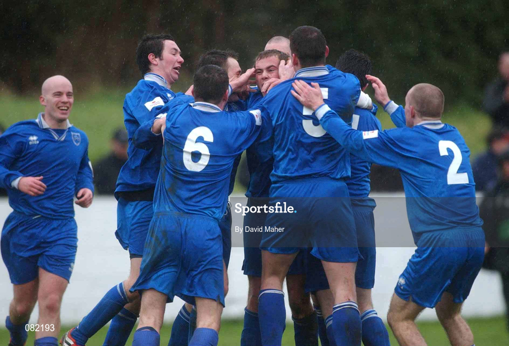 27 February 2002; Limerick's Brian Donnellan, centre, celebrates with team-mates after scoring his side's winning goal during the eircom League Cup Semi-Final match between Limerick and Shamrock Rovers at Jackman Park in Limerick. Photo by David Maher/Sportsfile