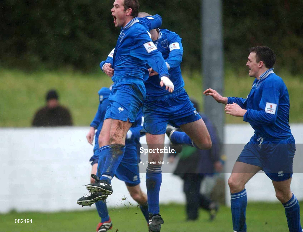 27 February 2002; Limerick's Brian Donnellan, left, celebrates with team-mates Brendan Hughes and Shane O'Donoghue after scoring his side's winning goal during the eircom League Cup Semi-Final match between Limerick and Shamrock Rovers at Jackman Park in Limerick. Photo by David Maher/Sportsfile