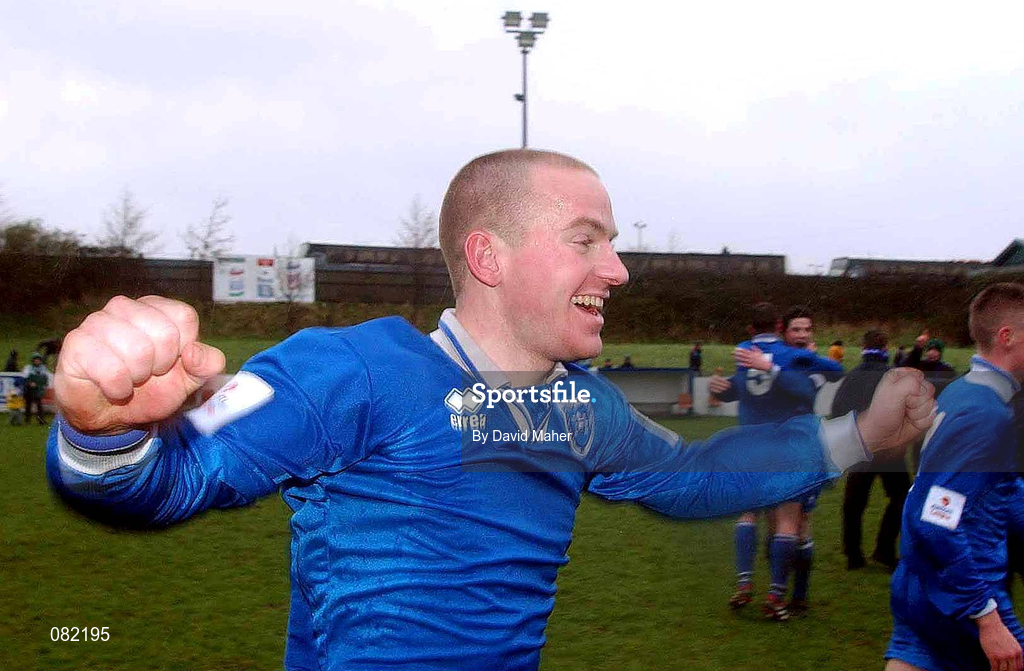 27 February 2002; Eoin Poill of Limerick celebrates following his side's victory during the eircom League Cup Semi-Final match between Limerick and Shamrock Rovers at Jackman Park in Limerick. Photo by David Maher/Sportsfile
