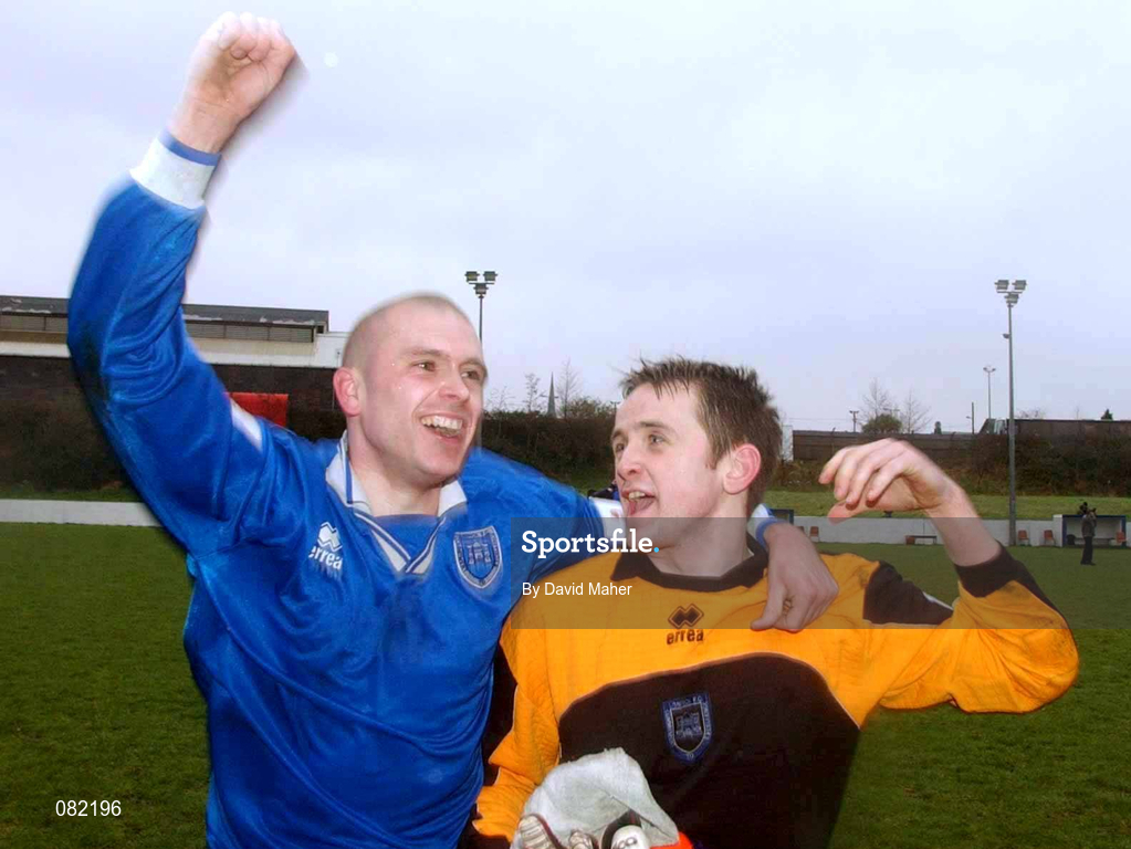 27 February 2002; Limerick's Frank Browne, left, and Jimmy Fyffe celebrate following their side's victory during the eircom League Cup Semi-Final match between Limerick and Shamrock Rovers at Jackman Park in Limerick. Photo by David Maher/Sportsfile