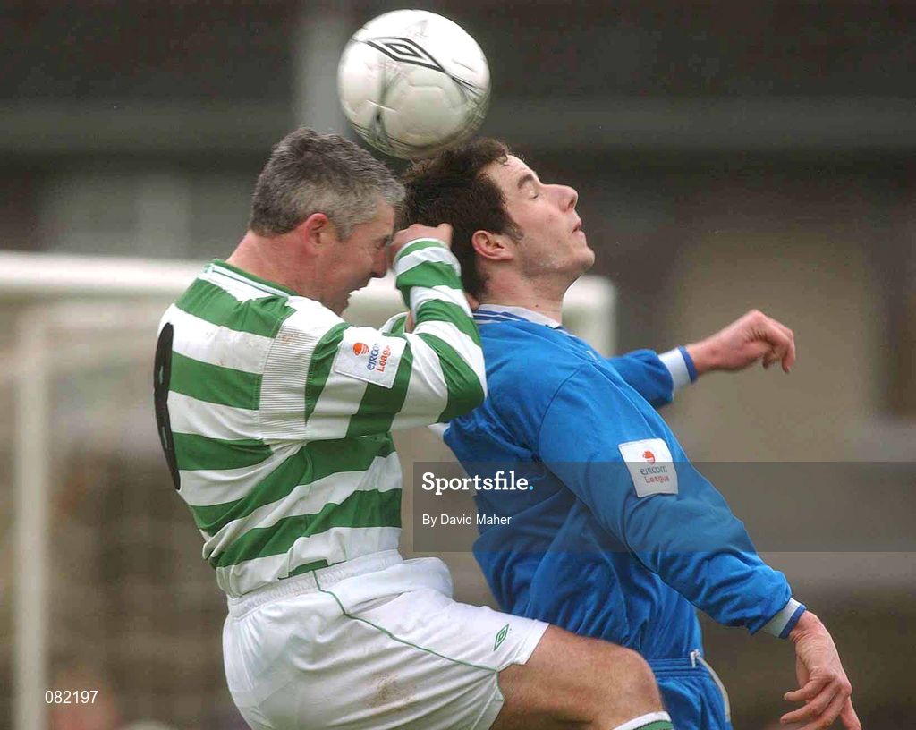 27 February 2002; Tony Cousins of Shamrock Rovers in action against Paul Finucane of Limerick during the eircom League Cup Semi-Final match between Limerick and Shamrock Rovers at Jackman Park in Limerick. Photo by David Maher/Sportsfile
