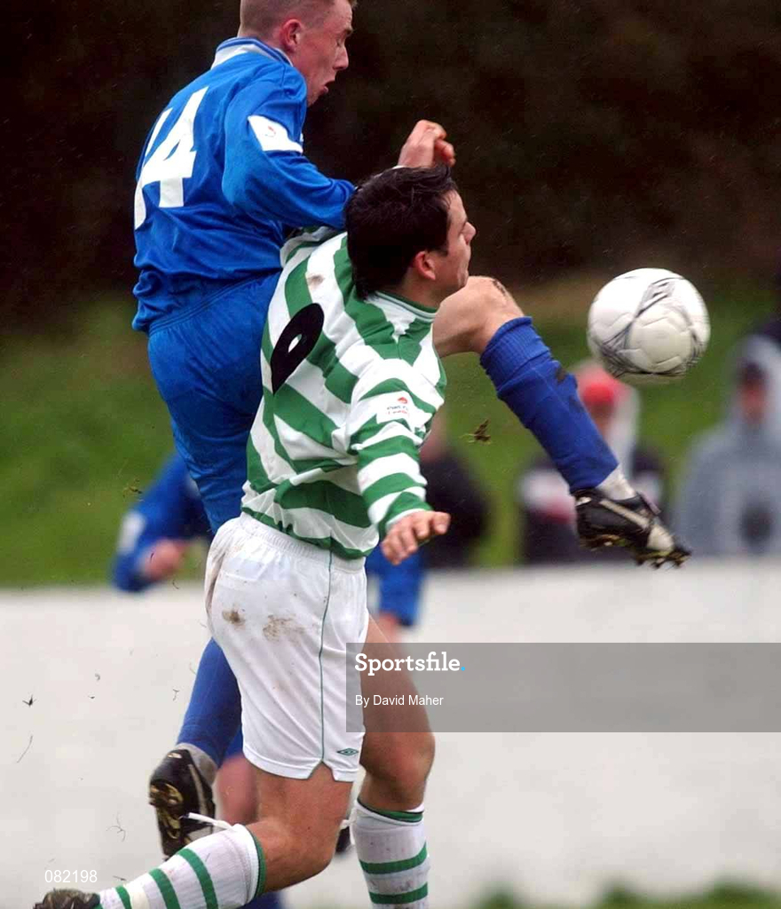 27 February 2002; Stephen Grant of Shamrock Rovers in action against Conor Moran of Limerick during the eircom League Cup Semi-Final match between Limerick and Shamrock Rovers at Jackman Park in Limerick. Photo by David Maher/Sportsfile