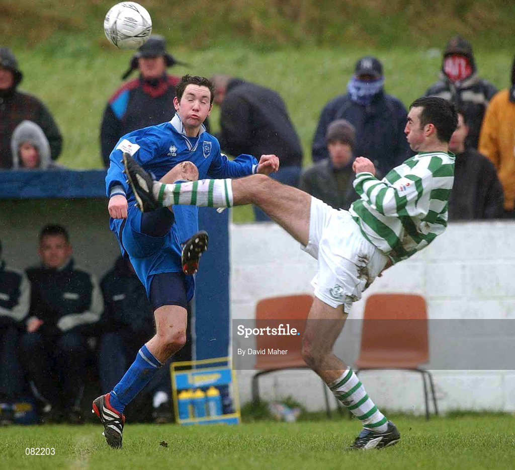 27 February 2002; Terry Palmer of Shamrock Rovers in action against Derek McCarthy of Limerick during the eircom League Cup Semi-Final match between Limerick and Shamrock Rovers at Jackman Park in Limerick. Photo by David Maher/Sportsfile
