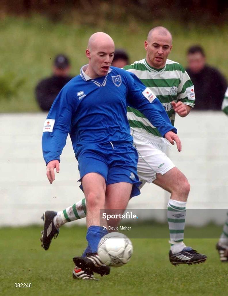 27 February 2002; Ciaran Foley of Limerick in action against Derek Treacy of Shamrock Rovers during the eircom League Cup Semi-Final match between Limerick and Shamrock Rovers at Jackman Park in Limerick. Photo by David Maher/Sportsfile