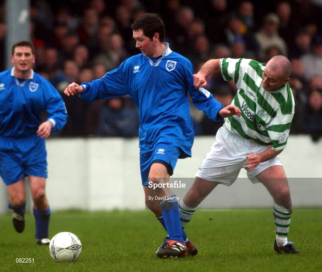 27 February 2002; Derek McCarthy of Limerick in action against Derek Treacy of Shamrock Rovers during the eircom League Cup Semi-Final match between Limerick and Shamrock Rovers at Jackman Park in Limerick. Photo by David Maher/Sportsfile