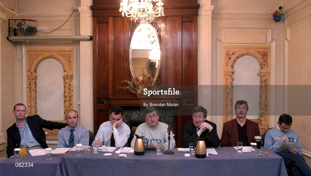 4 December 2001; Speakers at the National League United Forum in Wynne's Hotel, Dublin, from left, Johnny Lyons, 98FM, Declan Hanney, National League Referee, Roy Dooney, National League Commissioner, Declan Hughes, Treasurer NLU, Ollie Byrne, Secretary, Shelbourne FC, Damien Richardson, Shamrock Rovers manager, and Pat Fenlon, PFAI and National League player, during the National League United Forum at Wynne's Hotel in Dublin. Photo by Brendan Moran/Sportsfile