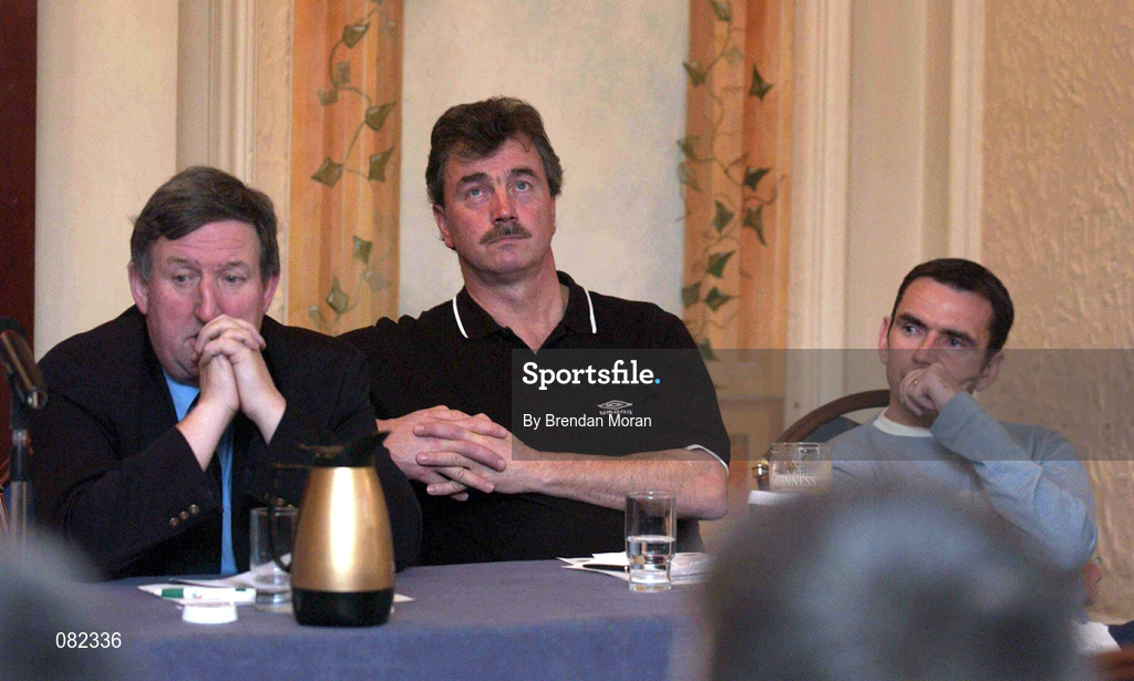 4 December 2001; Shelbourne Secretary Ollie Byrne, left, Shamrock Rovers manager Damien Richardson, centre, and Pat Fenlon, PFAI and current National League player, during the National League United Forum at Wynne's Hotel in Dublin. Photo by Brendan Moran/Sportsfile