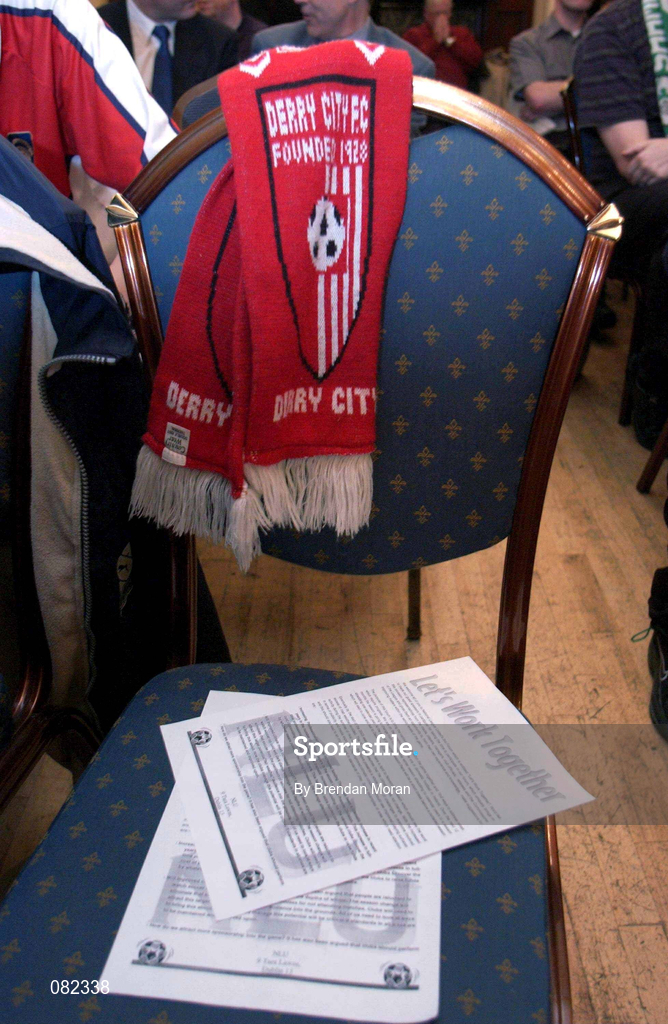 4 December 2001; A Derry City scarf rests on a chair during the National League United Forum at Wynne's Hotel in Dublin. Photo by Brendan Moran/Sportsfile