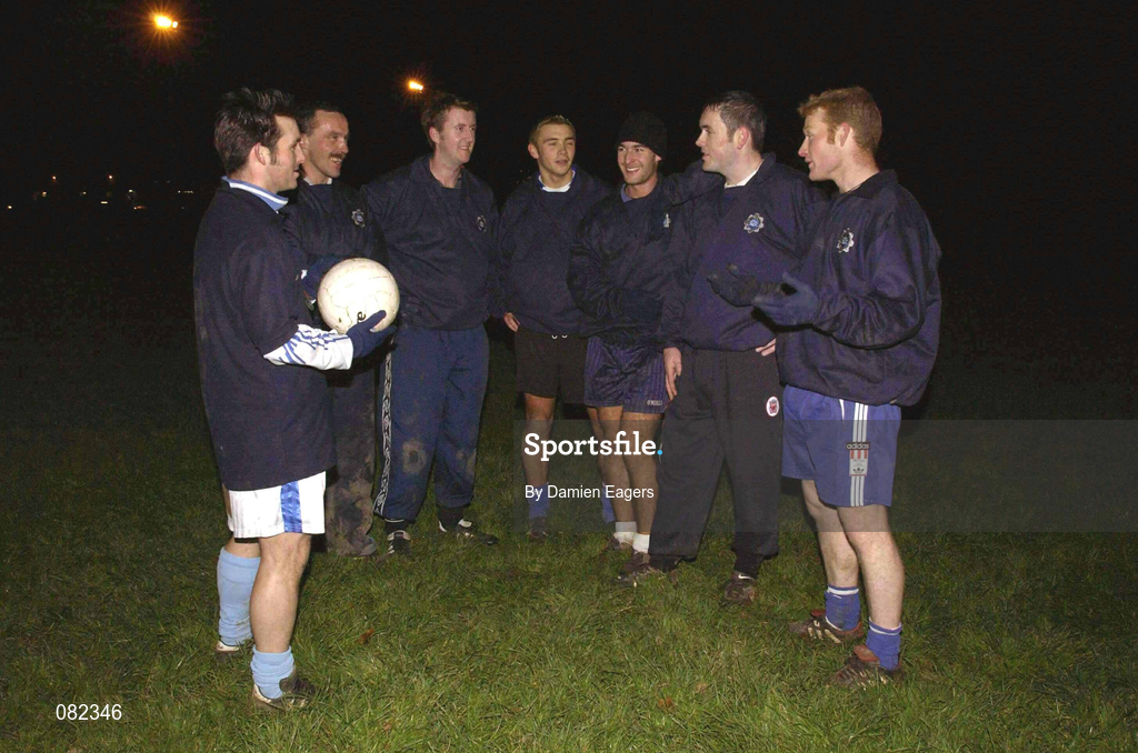13 December 2001; Derek Mulhall, extreme left, assistant manager, pictured with fellow players during a Garda FC training session at Westmanstown Sports and Conference Centre in Lucan, Dublin. Photo by Damien Eagers/Sportsfile