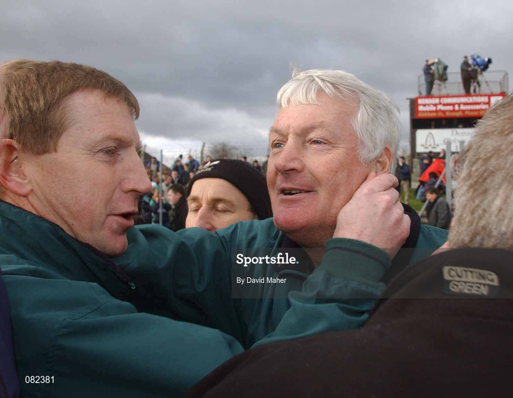 2 March 2002; Nemo Rangers manager Billy Morgan, right, and Dinny Allen celebrate following their side's victory during the AIB GAA Football All-Ireland Senior Club Championship Semi-Final match between Nemo Rangers and Charlestown Sarsfield at McDonagh Park in Nenagh, Tipperary. Photo by David Maher/Sportsfile