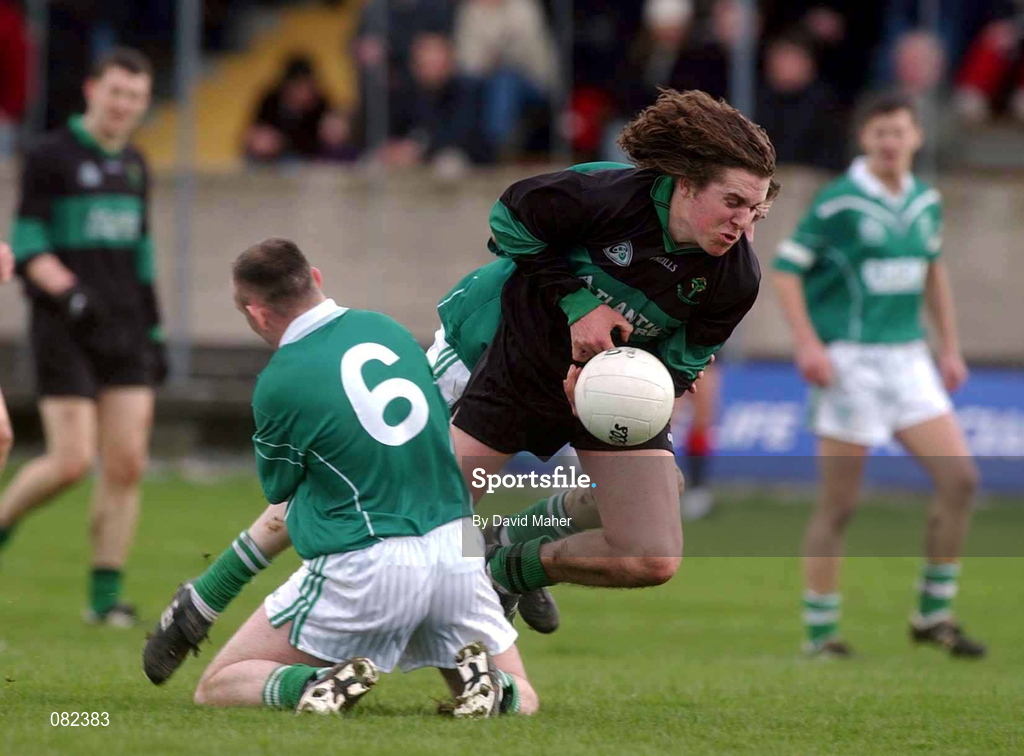 2 March 2002; Alan Cronin of Nemo Rangers in action against Donal Healy of Charlestown Sarsfields during the AIB GAA Football All-Ireland Senior Club Championship Semi-Final match between Nemo Rangers and Charlestown Sarsfield at McDonagh Park in Nenagh, Tipperary. Photo by David Maher/Sportsfile