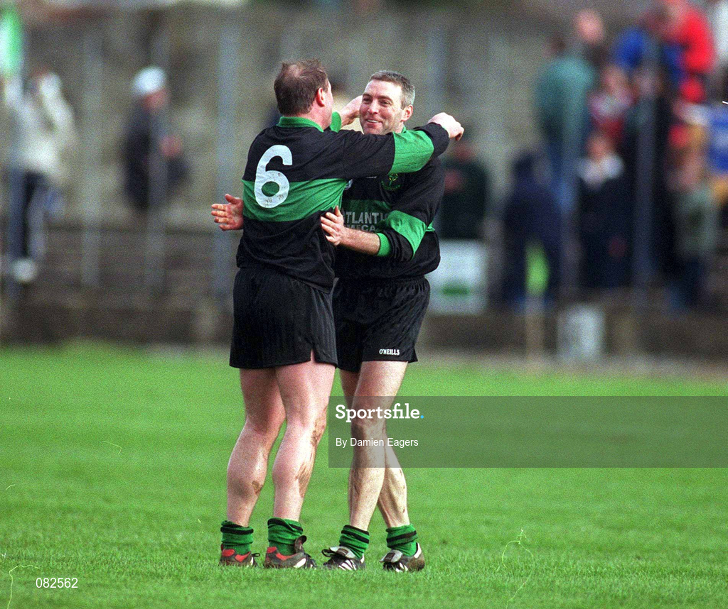 2 March 2002; Larry Kavanagh, right, and Stephen O'Brien of Nemo Rangers celebrate following their side's victory during the AIB GAA Football All-Ireland Senior Club Championship Semi-Final match between Nemo Rangers and Charlestown Sarsfield at McDonagh Park in Nenagh, Tipperary. Photo by Damien Eagers/Sportsfile