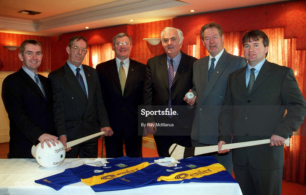 11 March 2002; ENFER today announced their sponsorship of the Tipperary Senior Football and Hurling teams. Pictured at the announcement are, from left, Michael Murphy, ENFER Scientific Ltd, Tony O'Dwyer, ENFER Scientific Ltd, Con Hogan, Chairman, Tipperary County Board, Michael O'Connor, Technical Director, ENFER Scientific Ltd, Micheal O'Muircheartaigh, RTE, and Michael Fitzgerald, ENFER Scientific Ltd. Photo by Ray McManus/Sportsfile