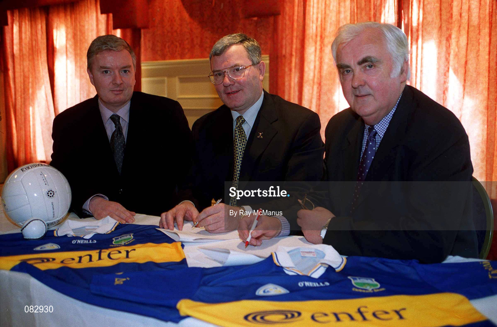 11 March 2002; ENFER today announced their sponsorship of the Tipperary Senior Football and Hurling teams. Pictured at the announcement are, from left, Martin Crowley, Financial Director, ENFER Scientific Ltd, Con Hogan, Chairman, Tipperary County Board and Michael O'Connor, Technical Director, ENFER Scientific Ltd. Photo by Ray McManus/Sportsfile
