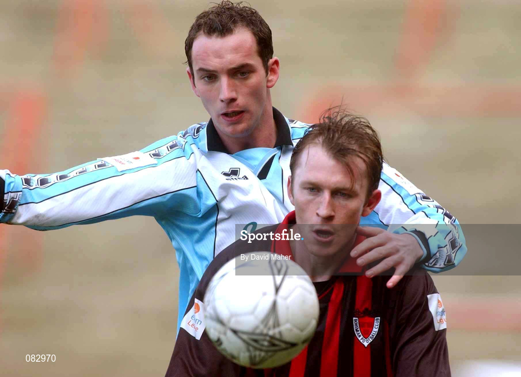 10 March 2002; Trevor Molloy of Bohemians in action against Paddy McLoughlin of Derry City during the FAI Carlsberg Cup Semi-Final match between Bohemians and Derry City at Dalymount Park in Dublin. Photo by David Maher/Sportsfile