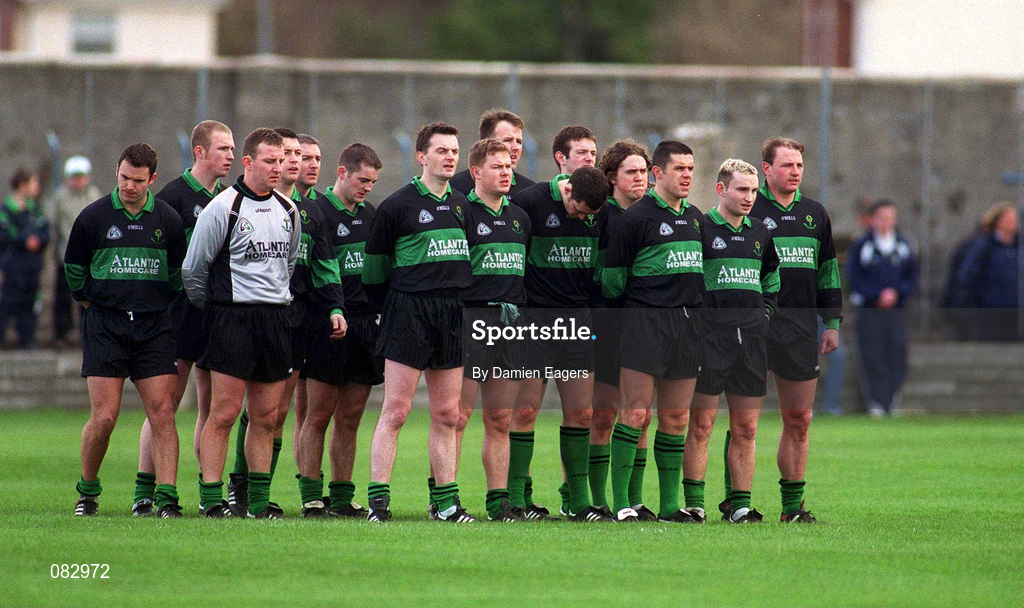 2 March 2002; The Nemo Rangers team stand for the National Anthem during the AIB GAA Football All-Ireland Senior Club Championship Semi-Final match between Nemo Rangers and Charlestown Sarsfield at McDonagh Park in Nenagh, Tipperary. Photo by Damien Eagers/Sportsfile