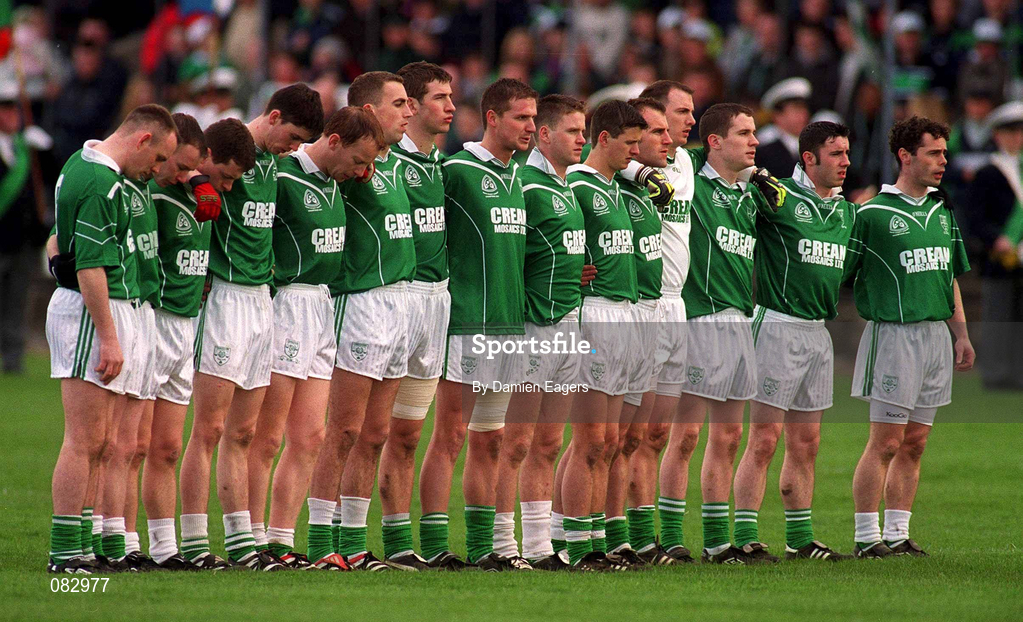 2 March 2002; The Charlestown Sarsfield team stand for the National Anthem during the AIB GAA Football All-Ireland Senior Club Championship Semi-Final match between Nemo Rangers and Charlestown Sarsfield at McDonagh Park in Nenagh, Tipperary. Photo by Damien Eagers/Sportsfile
