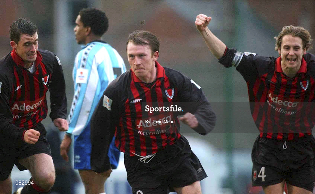 10 March 2002; Trevor Molloy of Bohemians, centre, celebrates after scoring his side's equalising goal during the FAI Carlsberg Cup Semi-Final match between Bohemians and Derry City at Dalymount Park in Dublin. Photo by David Maher/Sportsfile
