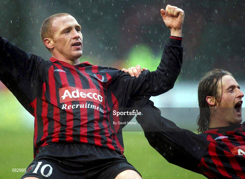 10 March 2002; Glen Crowe of Bohemians, left, celebrates with team-mate Simon Webb after scoring his side's winning goal during the FAI Carlsberg Cup Semi-Final match between Bohemians and Derry City at Dalymount Park in Dublin. Photo by David Maher/Sportsfile