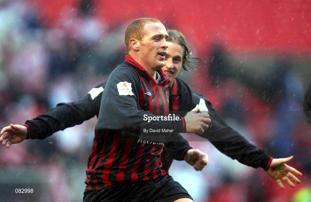 10 March 2002; Glen Crowe of Bohemians, front, celebrates with team-mate Simon Webb after scoring his side's winning goal during the FAI Carlsberg Cup Semi-Final match between Bohemians and Derry City at Dalymount Park in Dublin. Photo by David Maher/Sportsfile