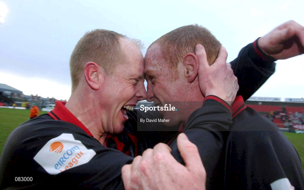 10 March 2002; Glen Crowe, right, and Dave Hill of Bohemians celebrate following their side's victory during the FAI Carlsberg Cup Semi-Final match between Bohemians and Derry City at Dalymount Park in Dublin. Photo by David Maher/Sportsfile