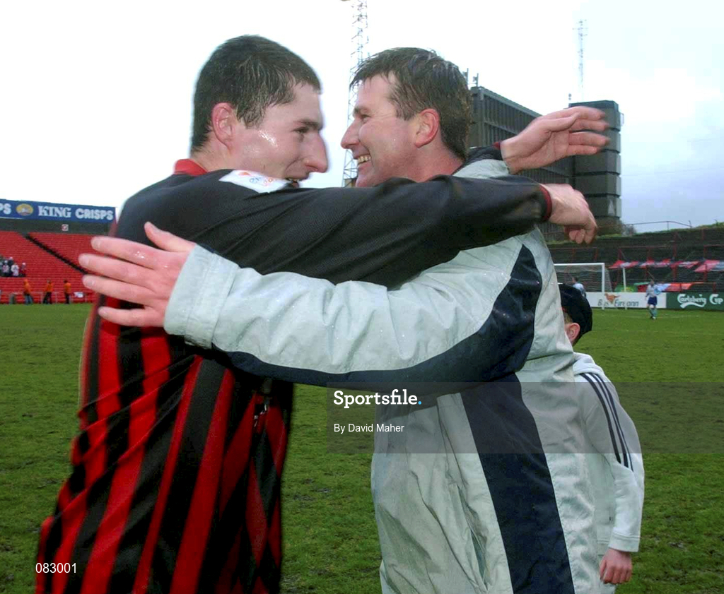 10 March 2002; Bohemians manager Stephen Kenny, right, and Colin Hawkins celebrate following their side's victory during the FAI Carlsberg Cup Semi-Final match between Bohemians and Derry City at Dalymount Park in Dublin. Photo by David Maher/Sportsfile