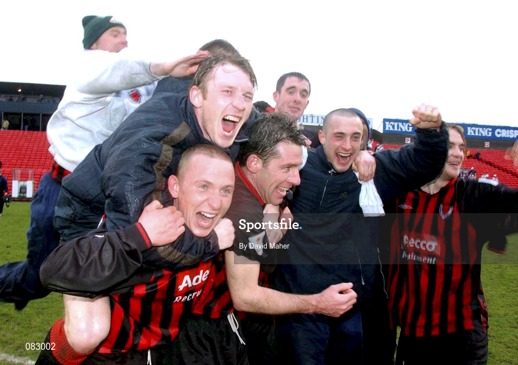 10 March 2002; Bohemians players, from left, Trevor Molloy, Gary O'Neill, Tony O'Connor, Dave Morrison, Fergal Harkin and Kevin Hunt celebrate following their side's victory during the FAI Carlsberg Cup Semi-Final match between Bohemians and Derry City at Dalymount Park in Dublin. Photo by David Maher/Sportsfile