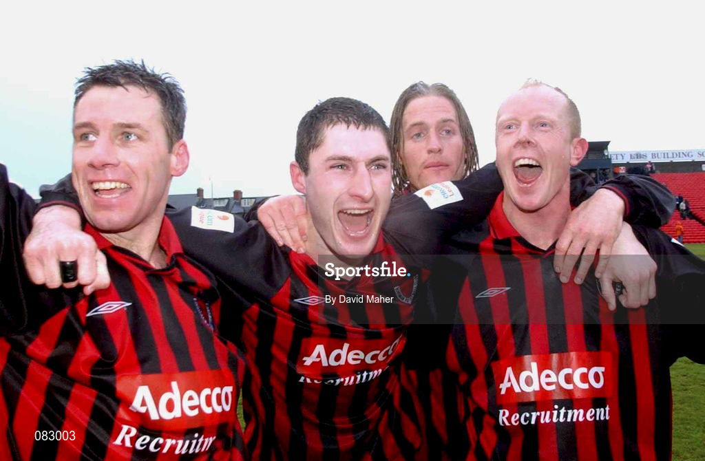 10 March 2002; Bohemians players, from left, Tony O'Connor, Colin Hawkins, Simon Webb and Dave Hill celebrate following their side's victory during the FAI Carlsberg Cup Semi-Final match between Bohemians and Derry City at Dalymount Park in Dublin. Photo by David Maher/Sportsfile