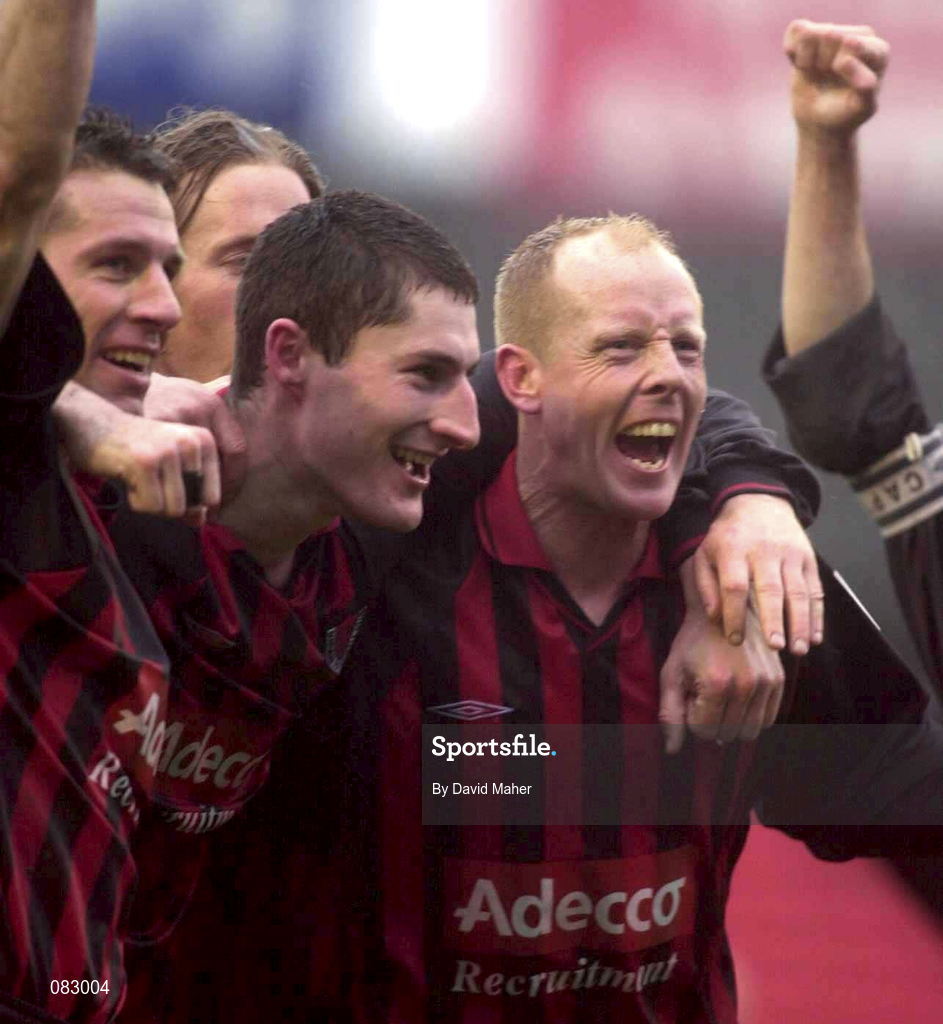 10 March 2002; Bohemians players, from left, Tony O'Connor, Colin Hawkins and Dave Hill celebrate following their side's victory during the FAI Carlsberg Cup Semi-Final match between Bohemians and Derry City at Dalymount Park in Dublin. Photo by David Maher/Sportsfile
