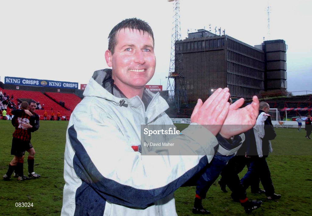 10 March 2002; Bohemians manager Stephen Kenny celebrates following his side's victory during the FAI Carlsberg Cup Semi-Final match between Bohemians and Derry City at Dalymount Park in Dublin. Photo by David Maher/Sportsfile