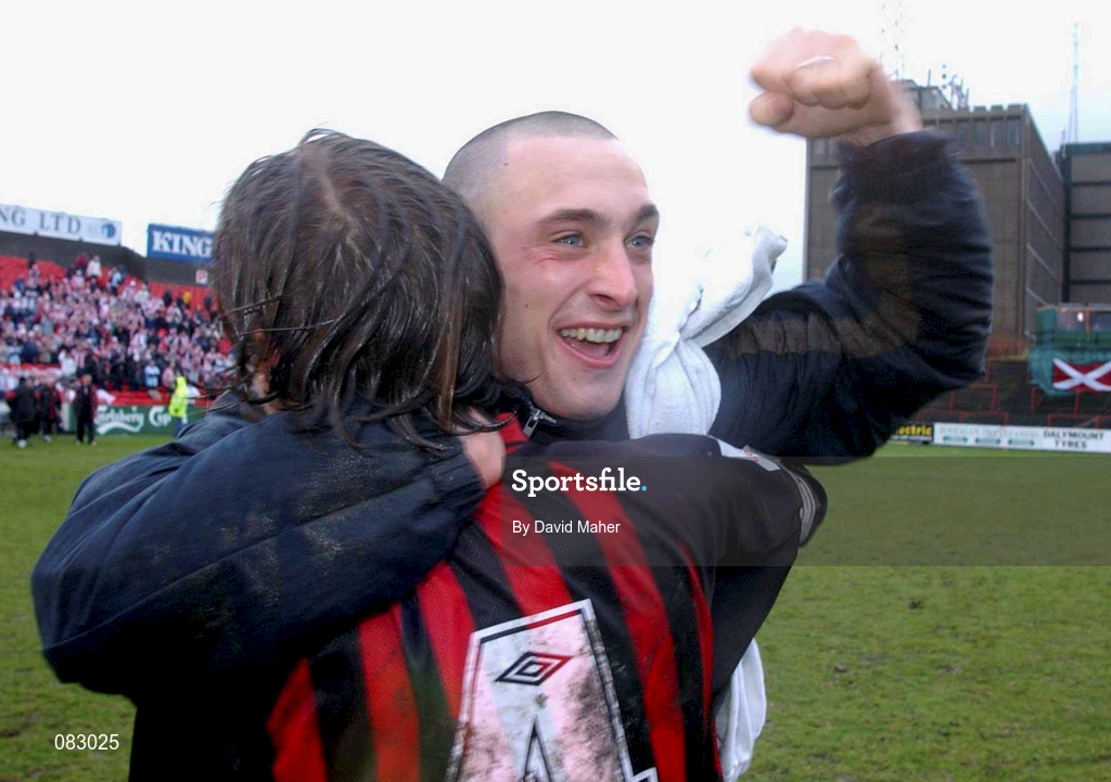 10 March 2002; Dave Morrison of Bohemians, celebrates at the end of the game with team-mate Simon Webb following their side's victory during the FAI Carlsberg Cup Semi-Final match between Bohemians and Derry City at Dalymount Park in Dublin. Photo by David Maher/Sportsfile