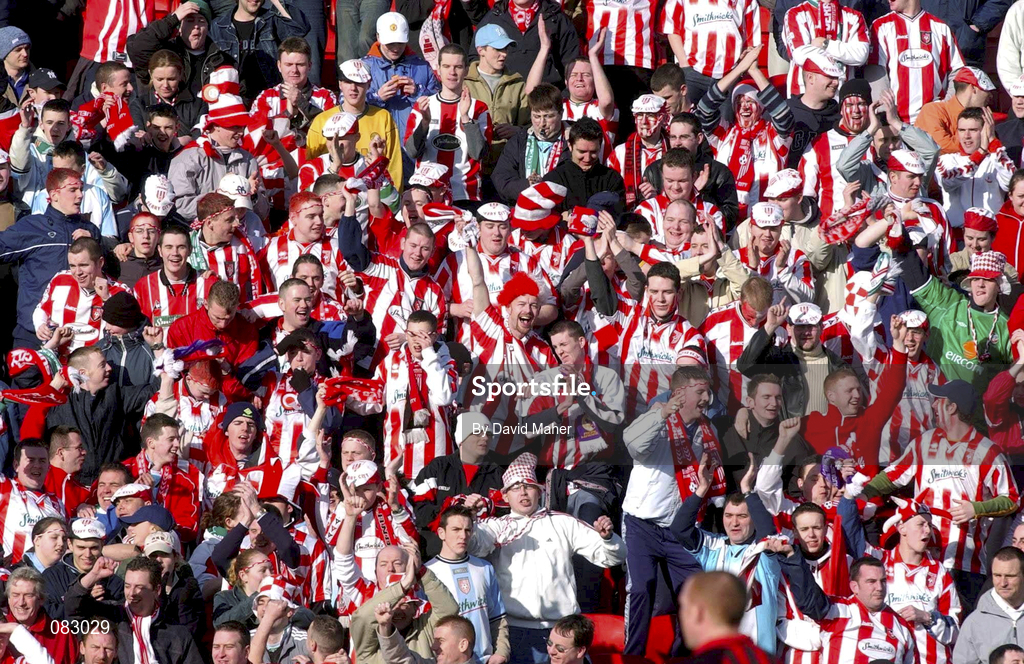 10 March 2002; Derry City supporters during the FAI Carlsberg Cup Semi-Final match between Bohemians and Derry City at Dalymount Park in Dublin. Photo by David Maher/Sportsfile