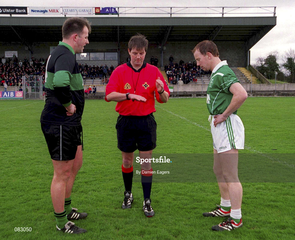 2 March 2002; Nemo Rangers captain Colin Corkery, left, and Charlestown Sarsfield captain David Tiernan wait for the result of the coin toss from referee Michael Monahan prior to the AIB GAA Football All-Ireland Senior Club Championship Semi-Final match between Nemo Rangers and Charlestown Sarsfield at McDonagh Park in Nenagh, Tipperary. Photo by Damien Eagers/Sportsfile