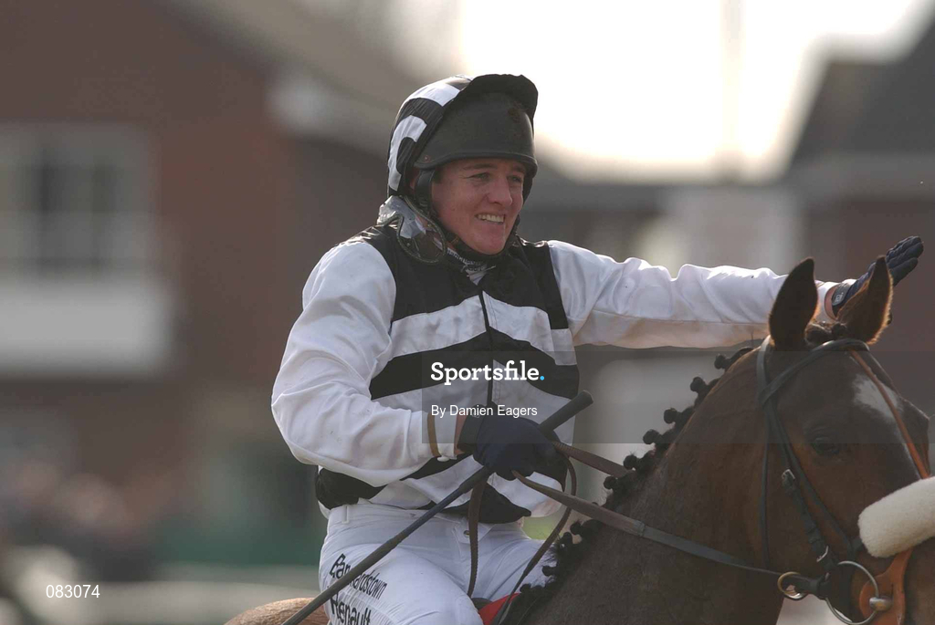 12 March 2002; Jockey Barry Geraghty celebrates after winning the Irish Independent Arkle Challenge Trophy Steeplechase on Moscow Flyer during day one of the Cheltenham Racing Festival at Prestbury Park in Cheltenham, England. Photo by Damien Eagers/Sportsfile
