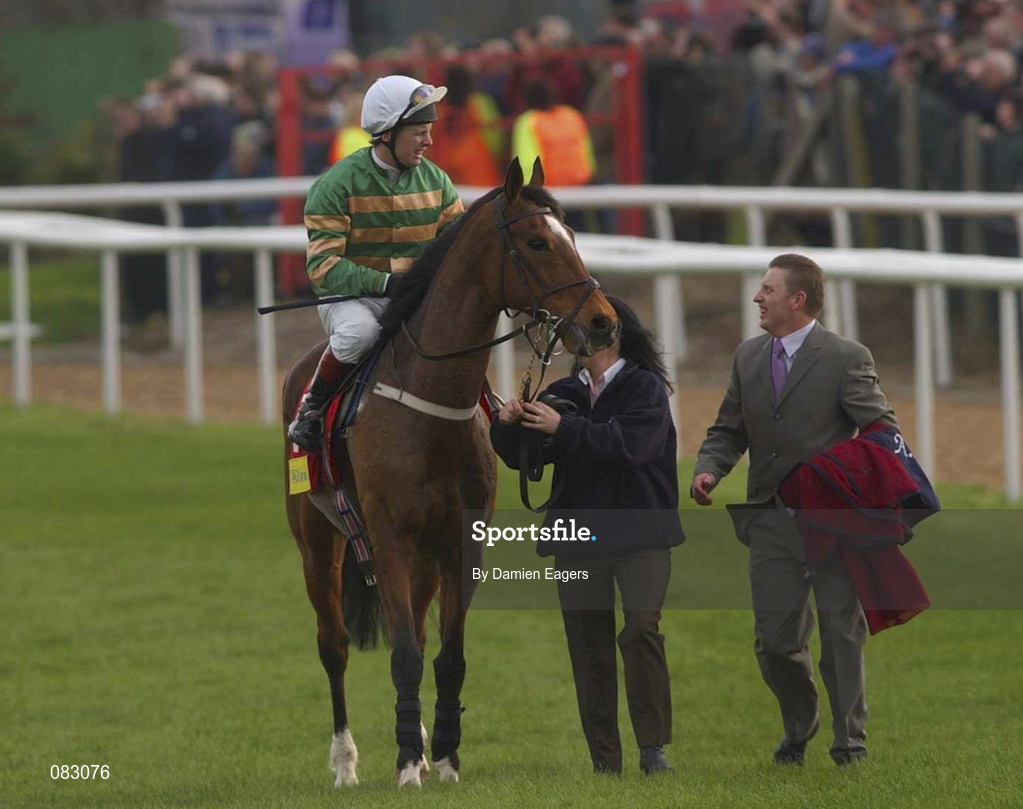12 March 2002; Istabraq, with Charlie Swan up, pictured after pulling up during the Smurfit Champion Hurdle during day one of the Cheltenham Racing Festival at Prestbury Park in Cheltenham, England. Photo by Damien Eagers/Sportsfile