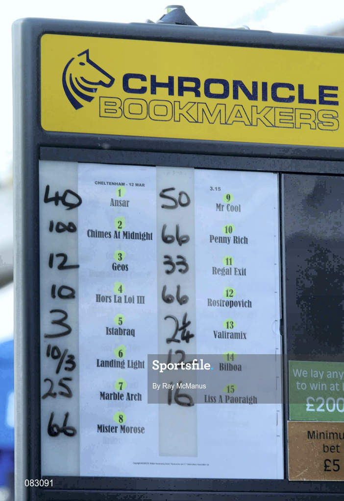 12 March 2002; The Chronicle Bookmakers display board shows Istabraq at 3/1 for the Champion Hurdle Race during day one of the Cheltenham Racing Festival at Prestbury Park in Cheltenham, England. Photo by Ray McManus/Sportsfile