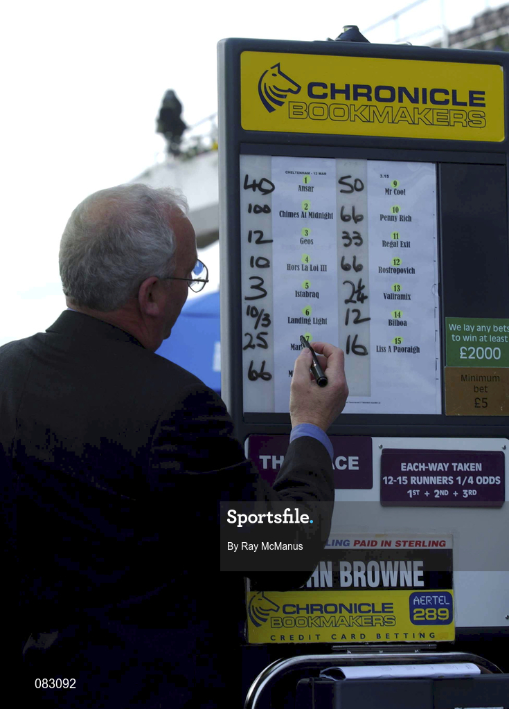 12 March 2002; Noel Carthy of Chronicle Bookmakers lays Istabraq at 3/1 for the Champion Hurdle Race during day one of the Cheltenham Racing Festival at Prestbury Park in Cheltenham, England. Photo by Ray McManus/Sportsfile
