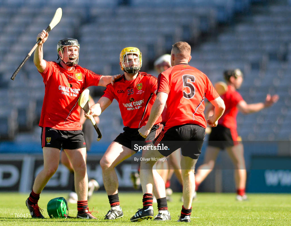8 June 2013; Down players James Coyle, Johnny McCusker and Fintan Conway celebrate at the final whistle following their side's victory during the Christy Ring Cup Final match between Kerry and Down at Croke Park in Dublin. Photo by Oliver McVeigh/Sportsfile